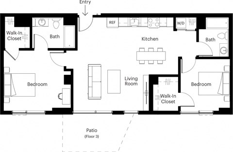 Floor plan for 2 beds, 2 baths, 967 sqft
